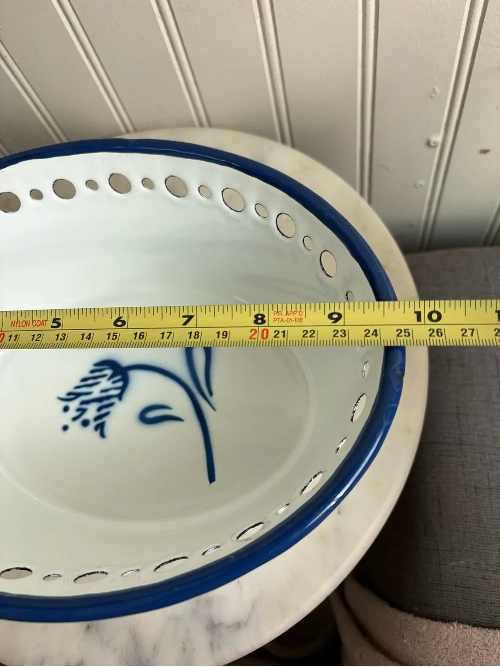 Vintage IKEA Enamel Arv Idyell Perforated Oval Bowl White & Blue Floral VTG 90s